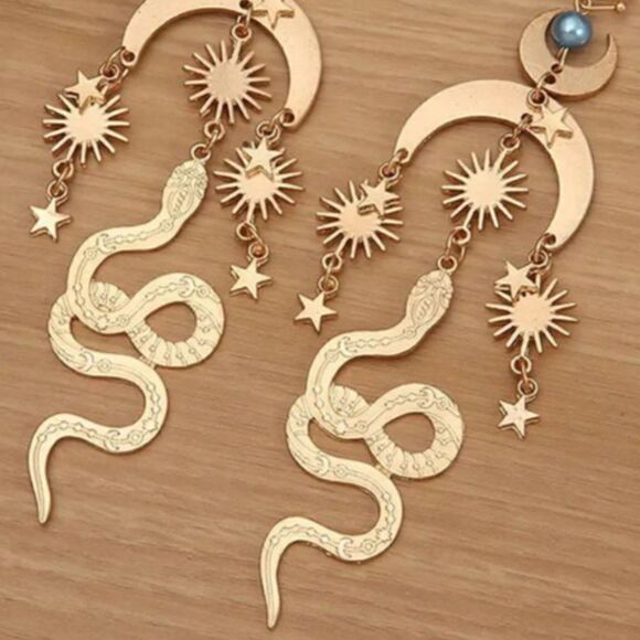 Mystical Serpent & Cosmic Gold Charm Earrings Witchy Bohemian Goddess Jewelry - Picture 6 of 8